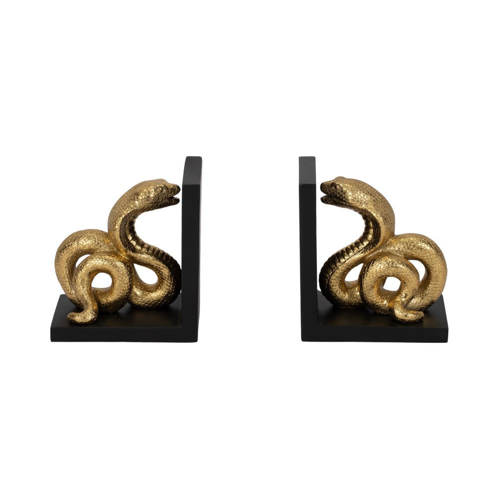 Elegant Snake Bookend Set of 2 | Gold Polyresin Serpents | Black Base SBH-20435
