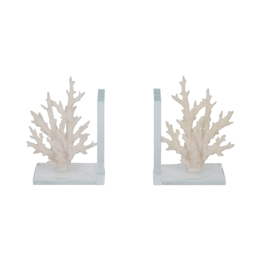 Coral Branch Bookend on Clear Glass Base Set of 2 | White Polyresin