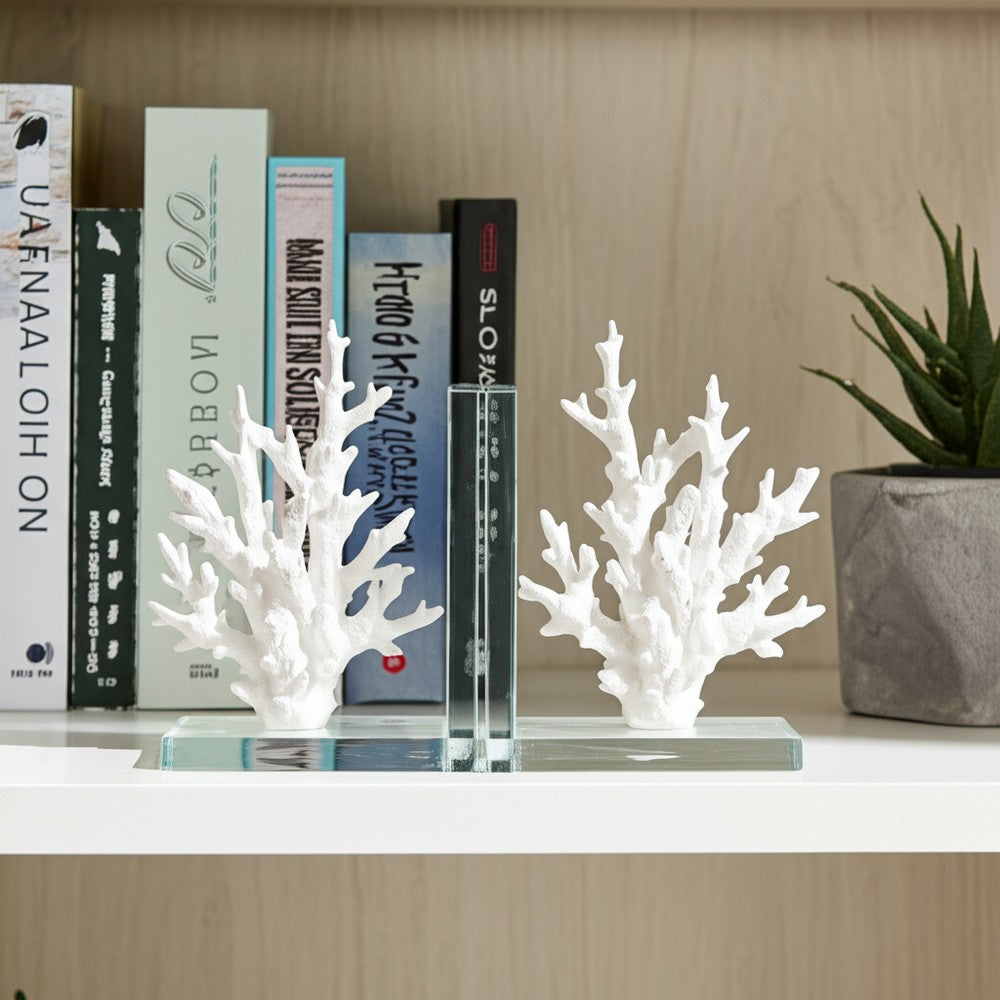 Coral Branch Bookend on Clear Glass Base Set of 2 | White Polyresin