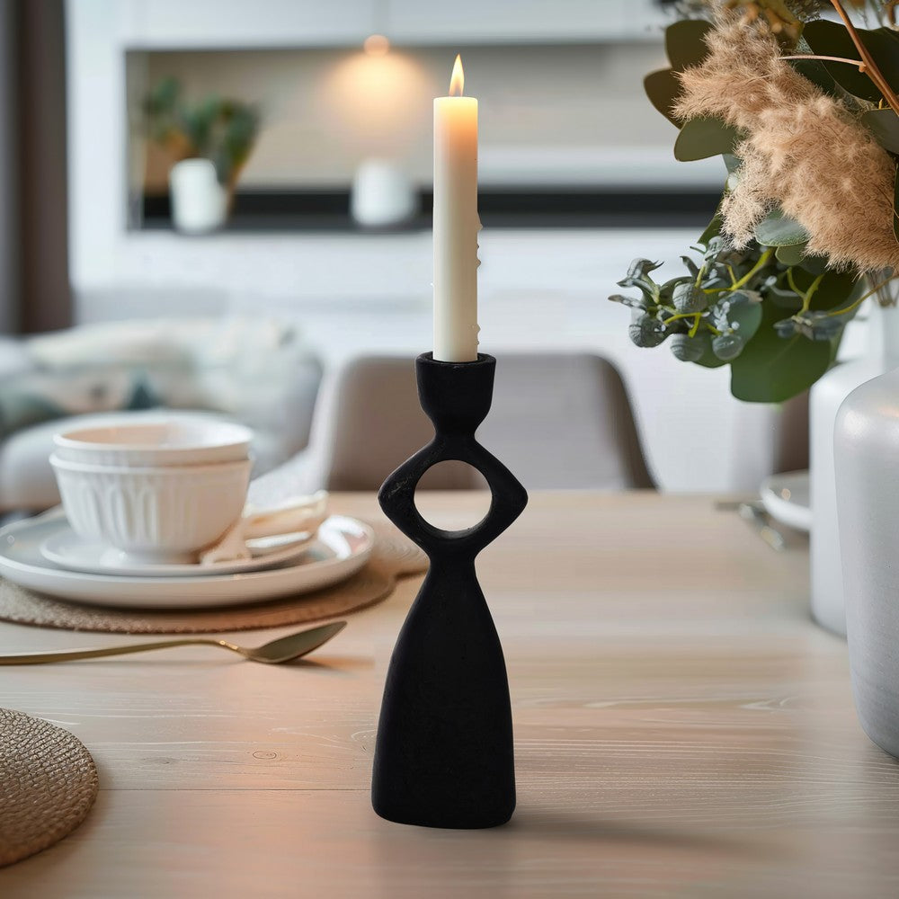 10" Taper Candle Holder | Round Open Cutout Center | Black Polyresin