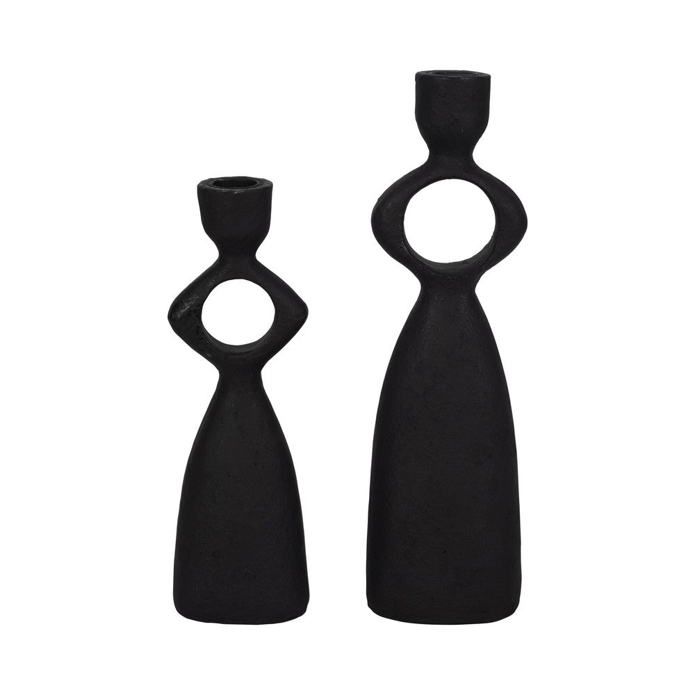 10" Taper Candle Holder | Round Open Cutout Center | Black Polyresin
