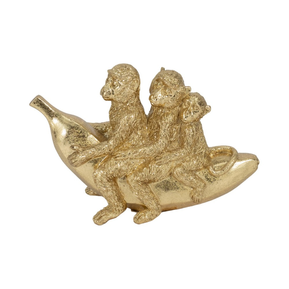 Decorative Three Monkeys on Banana Accent | 8" | Metallic Gold Polyresin