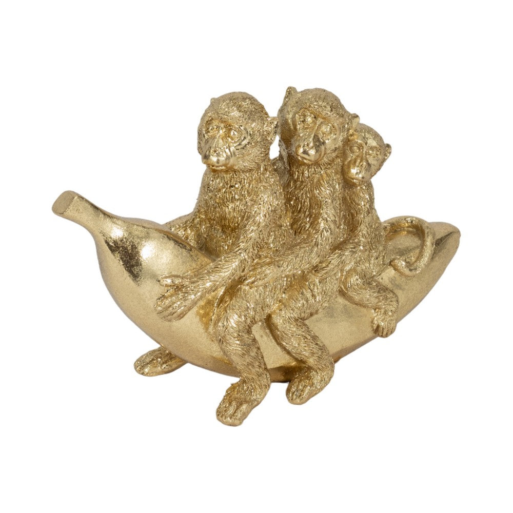 Decorative Three Monkeys on Banana Accent | 8" | Metallic Gold Polyresin