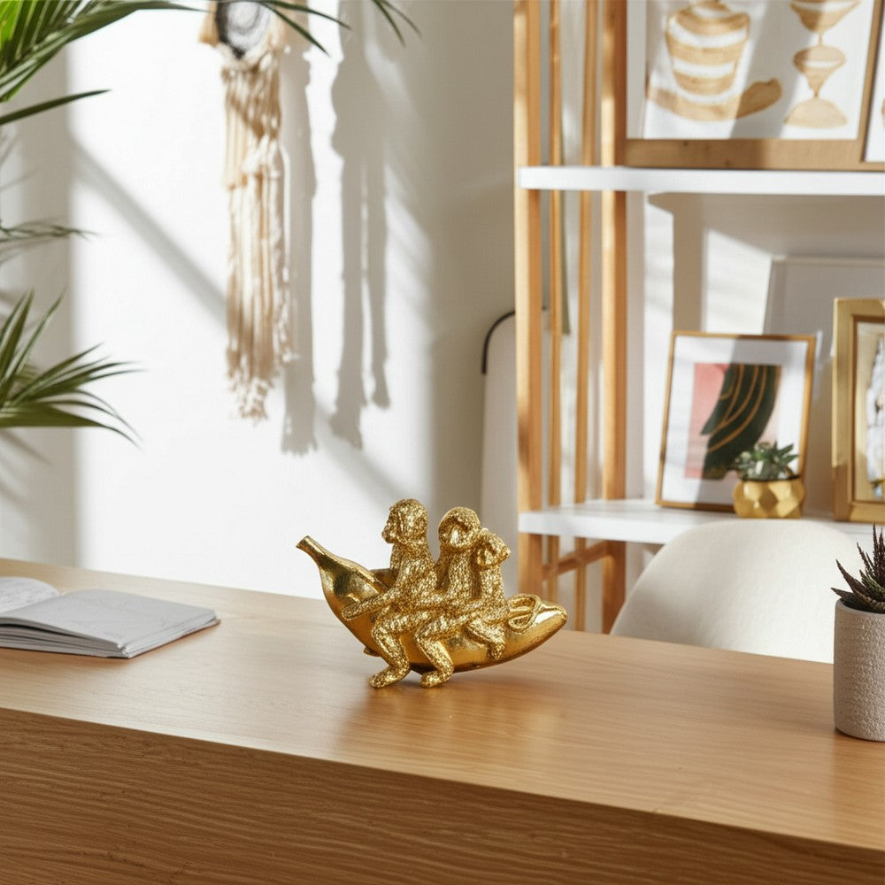 Decorative Three Monkeys on Banana Accent | 8" | Metallic Gold Polyresin