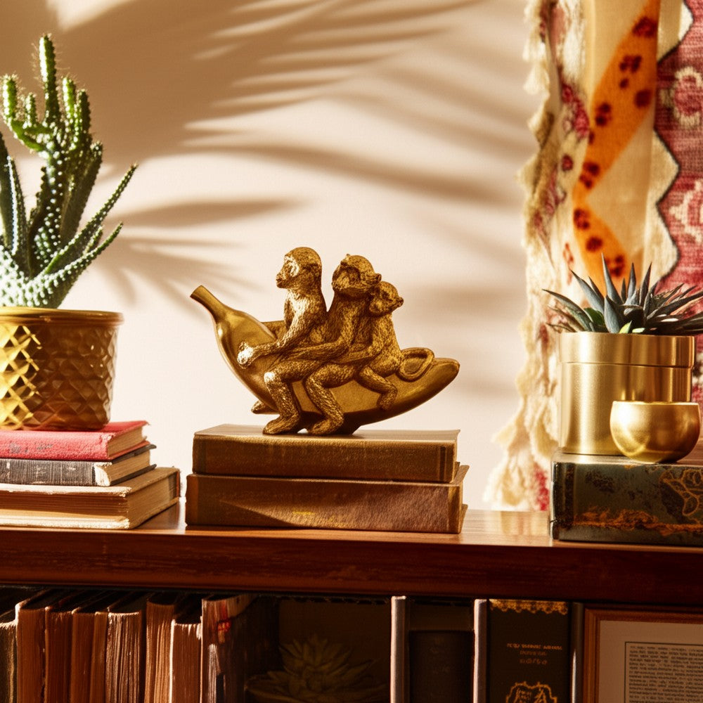 Decorative Three Monkeys on Banana Accent | 8" | Metallic Gold Polyresin