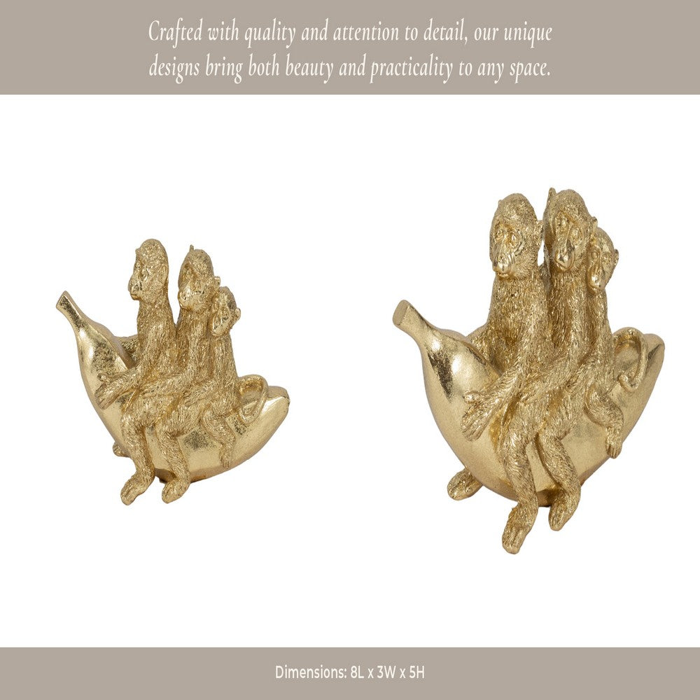 Decorative Three Monkeys on Banana Accent | 8" | Metallic Gold Polyresin