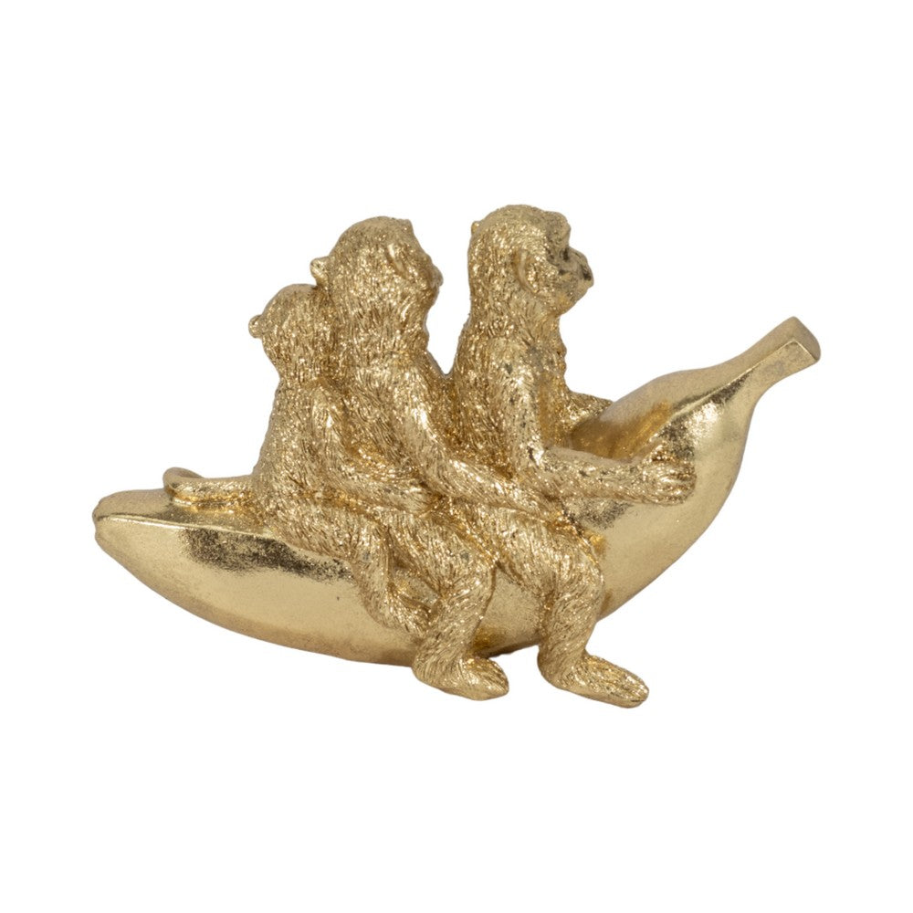 Decorative Three Monkeys on Banana Accent | 8" | Metallic Gold Polyresin