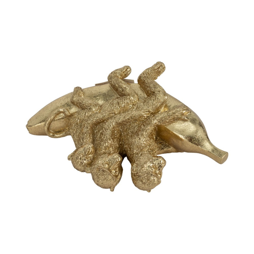Decorative Three Monkeys on Banana Accent | 8" | Metallic Gold Polyresin