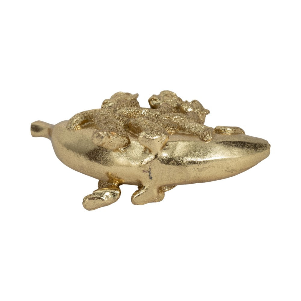 Decorative Three Monkeys on Banana Accent | 8" | Metallic Gold Polyresin