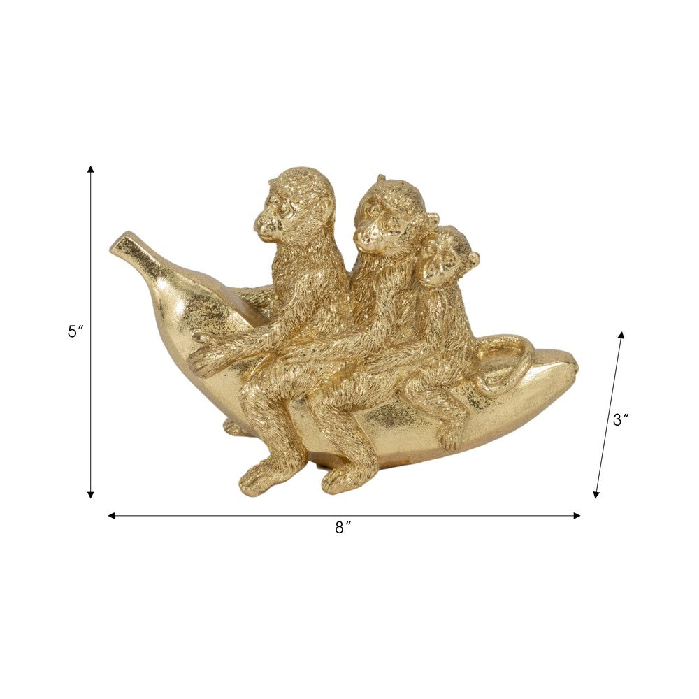 Decorative Three Monkeys on Banana Accent | 8" | Metallic Gold Polyresin