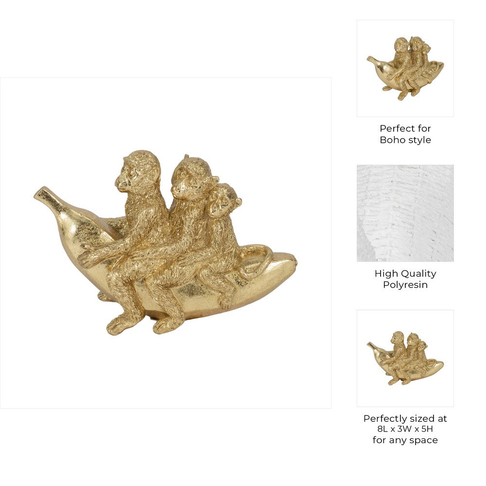 Decorative Three Monkeys on Banana Accent | 8" | Metallic Gold Polyresin