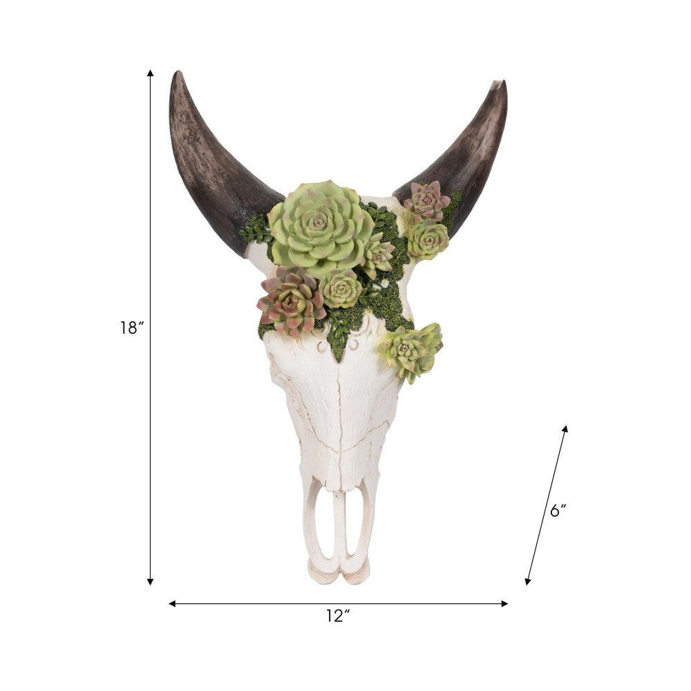 Decorative Wall Sculpture w Succulents | Faux Bull Skull | 18" Ivory