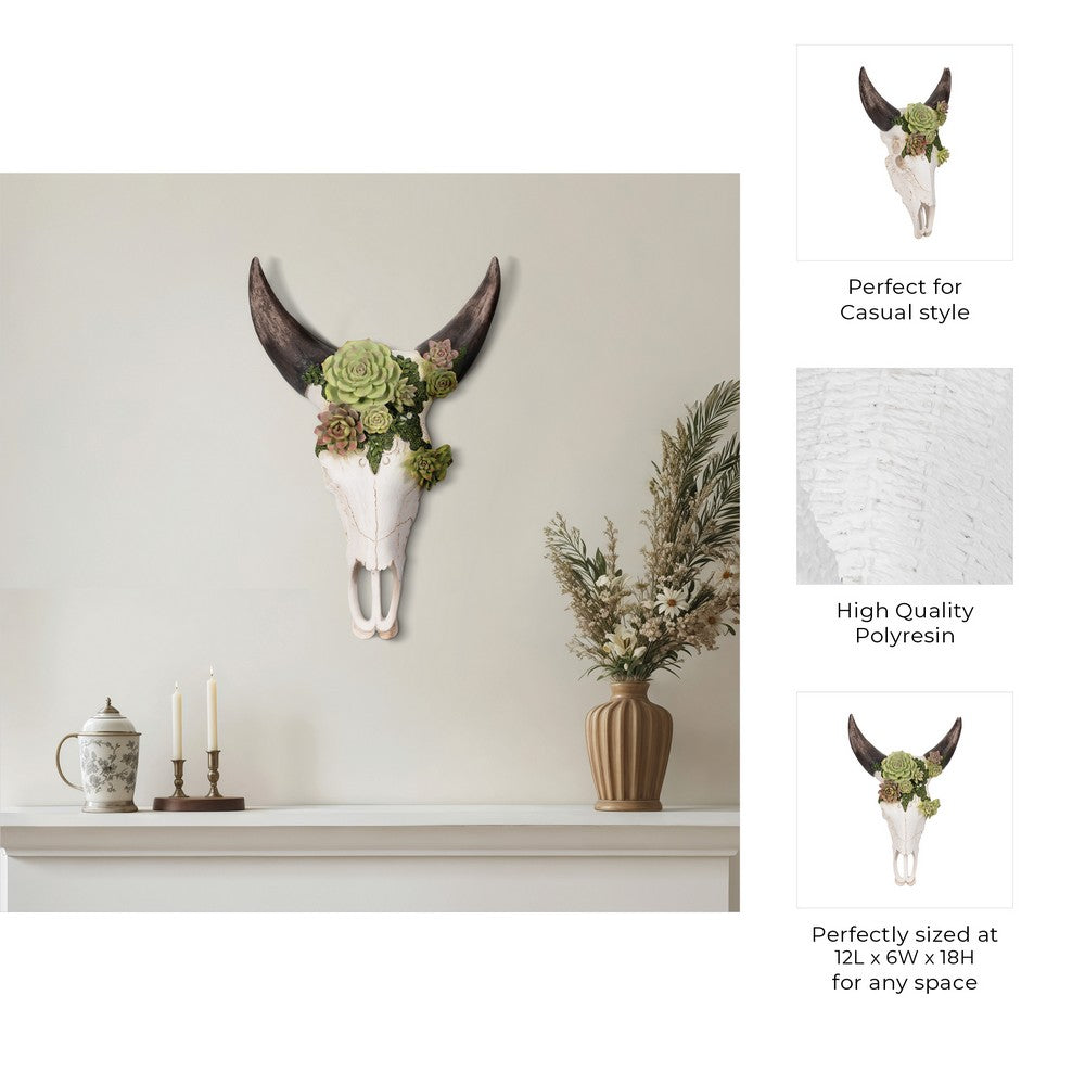 Decorative Wall Sculpture w Succulents | Faux Bull Skull | 18" Ivory