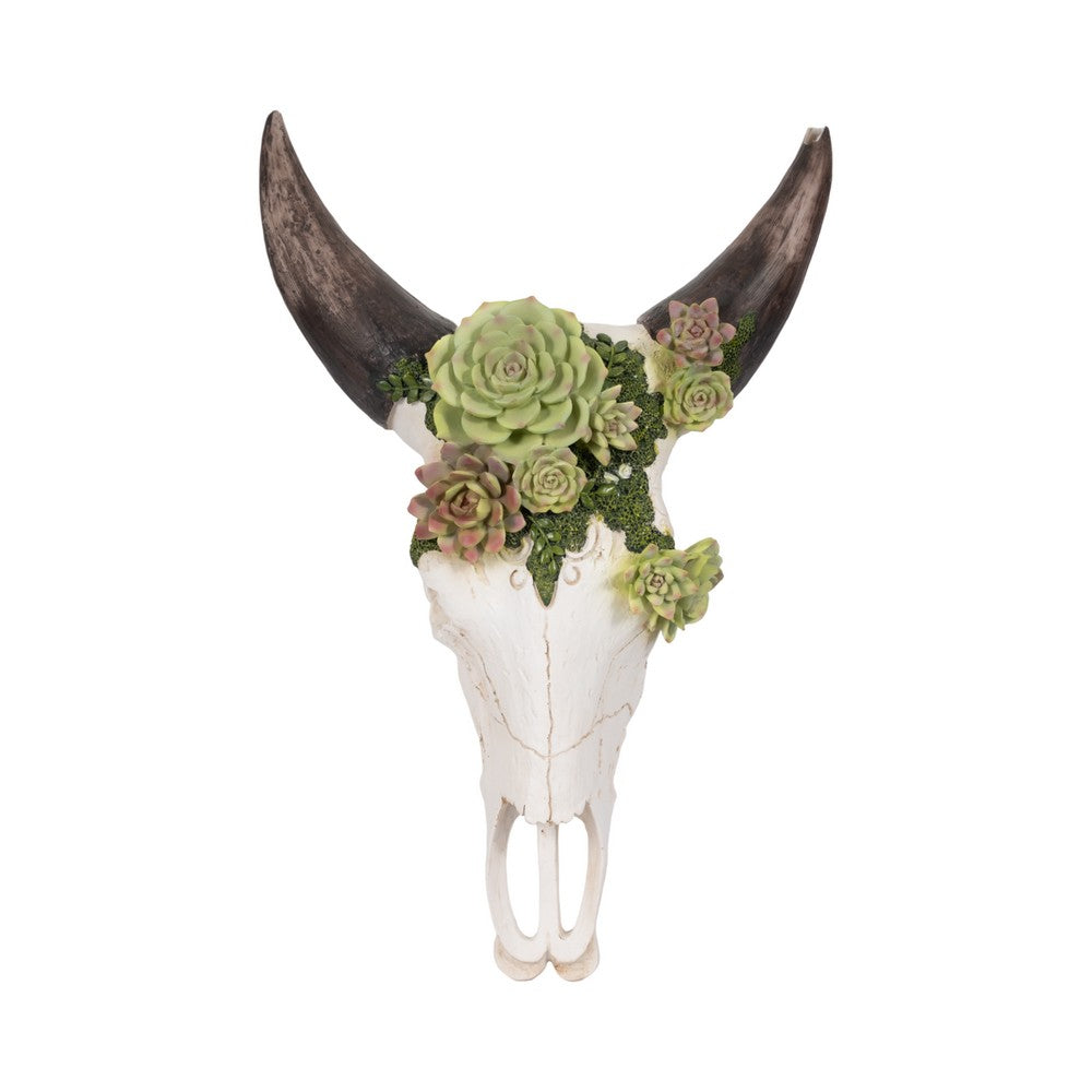 Decorative Wall Sculpture w Succulents | Faux Bull Skull | 18" Ivory