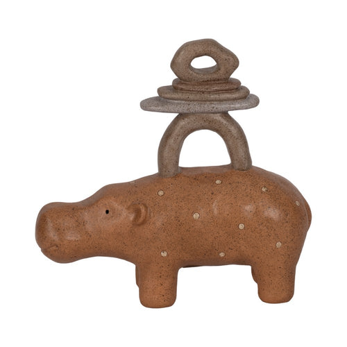 Decorative Sculpture | Abstract Hippo with Stacked Stones | Tan Brown 8"