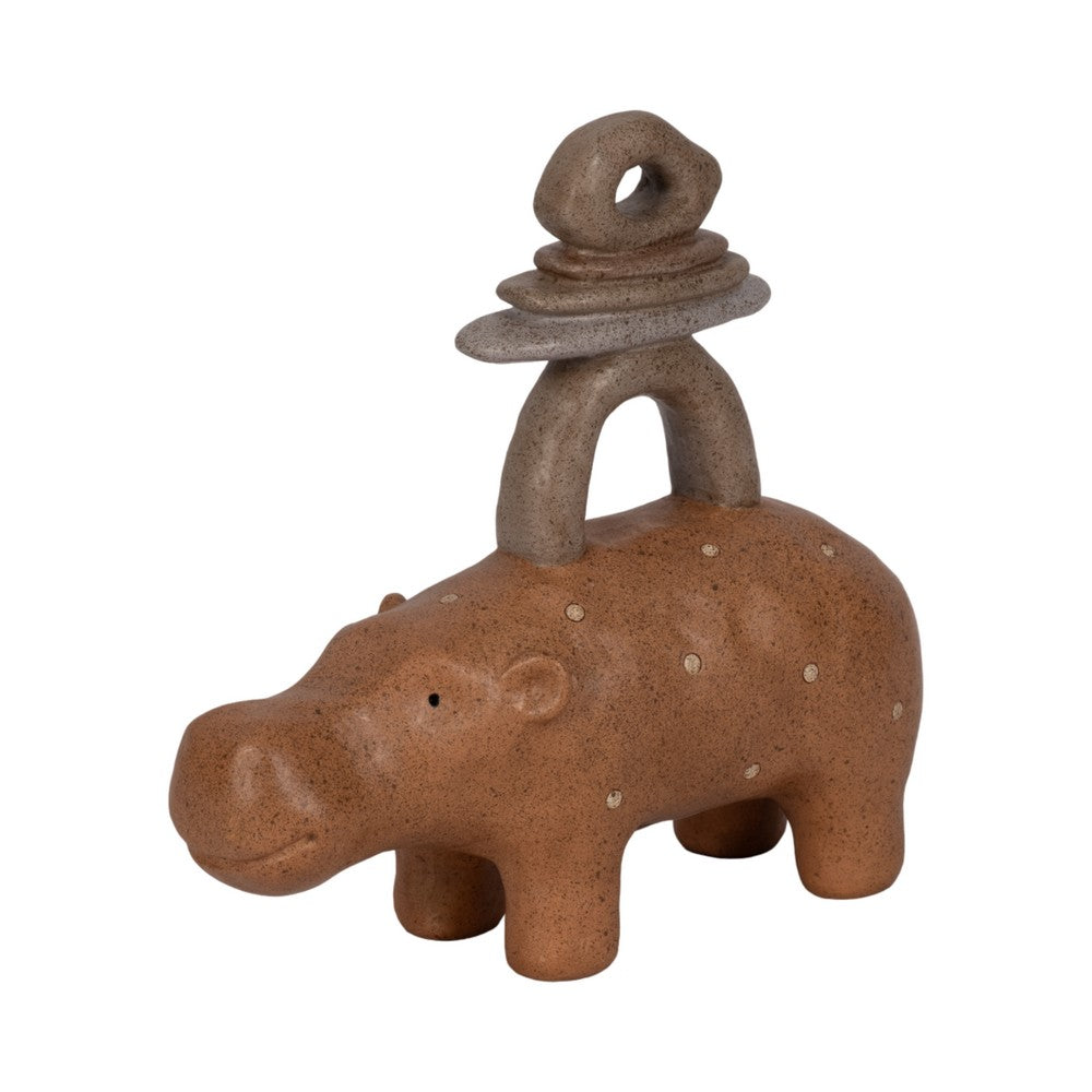 Decorative Sculpture | Abstract Hippo with Stacked Stones | Tan Brown 8"