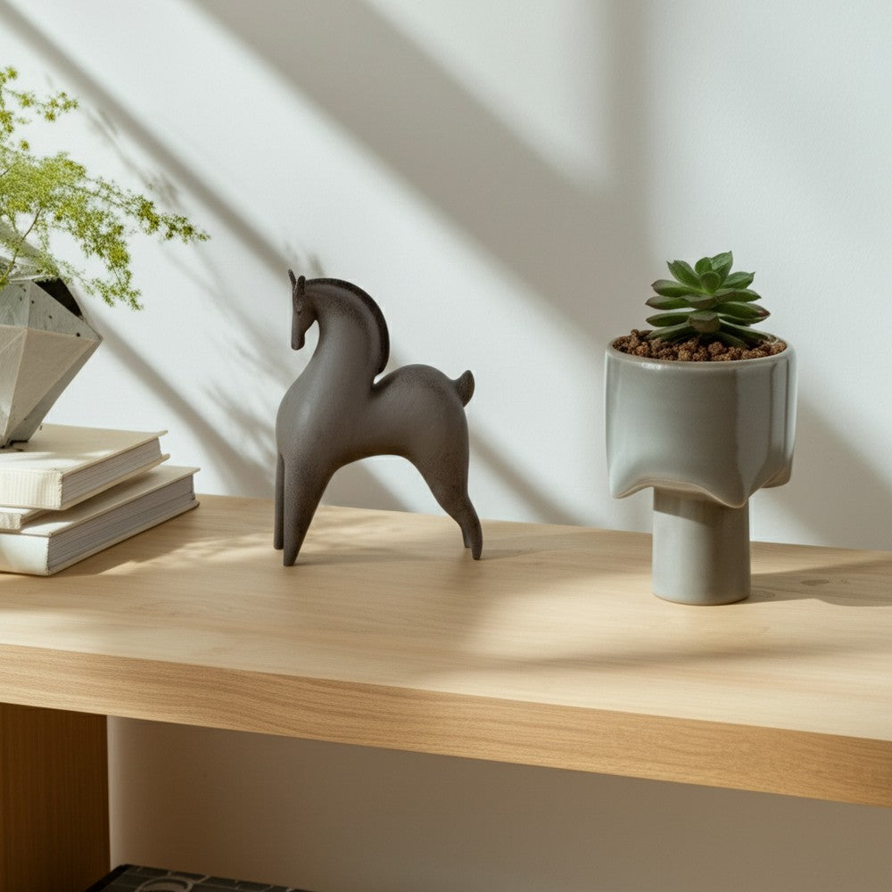 Curved Horse Figurine | Abstract Art Style | Dark Gray Polyresin 12"