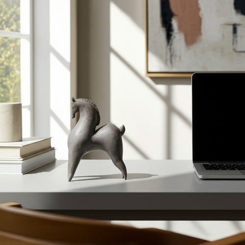 Curved Horse Figurine | Abstract Art Style | Dark Gray Polyresin 12"