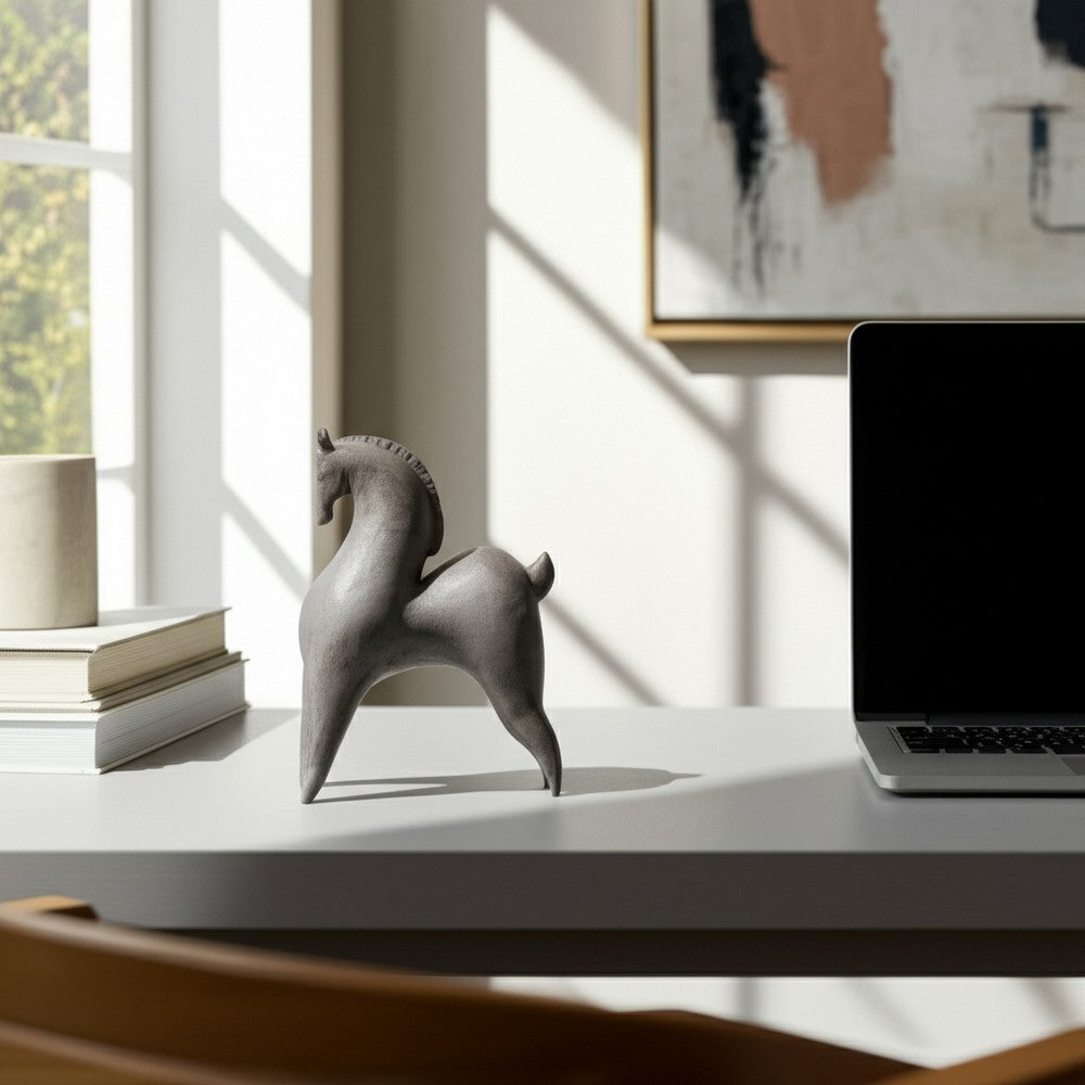 Curved Horse Figurine | Abstract Art Style | Dark Gray Polyresin 12"