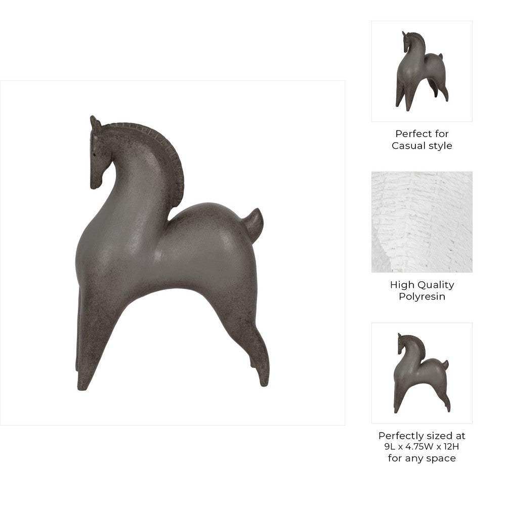 Curved Horse Figurine | Abstract Art Style | Dark Gray Polyresin 12"