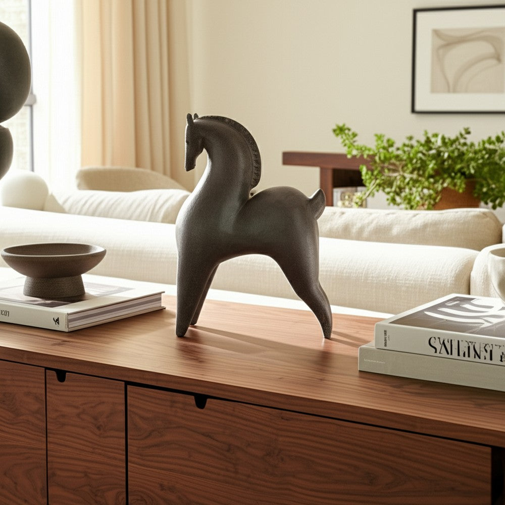 Curved Horse Figurine | Abstract Art Style | Dark Gray Polyresin 12"