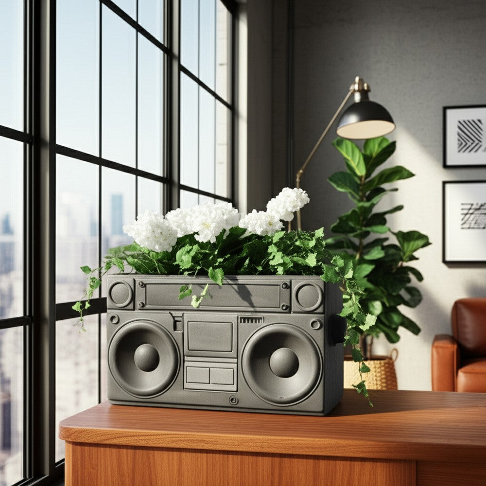 Decorative Planter | 13" Retro Stereo Design | Rustic Stoneware Gray