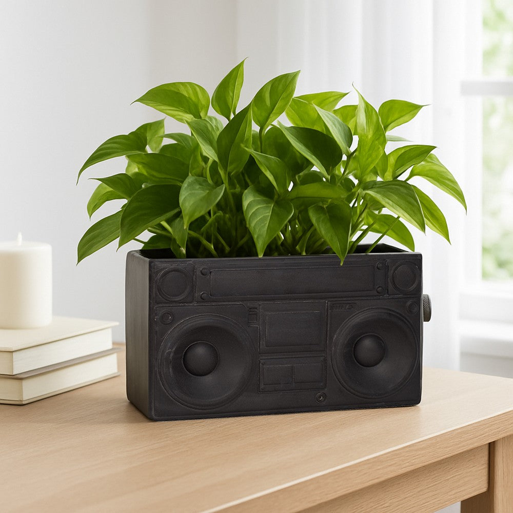 Decorative Planter | 13" Retro Stereo Design | Rustic Stoneware Gray