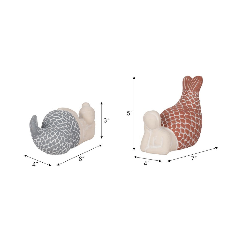Svena Mermaid Figurines Set of 2 | Red-Blue Tails | White Cement 8 & 7"