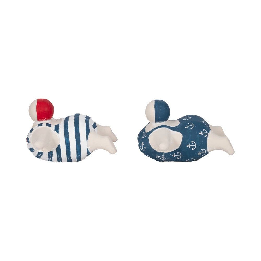 Vintage Swimmers Sculptures Set of 2 | Nautical White Blue Cement | 7"