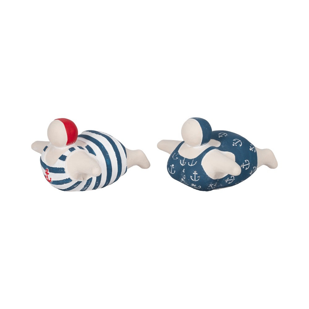 Vintage Swimmers Sculptures Set of 2 | Nautical White Blue Cement | 7"