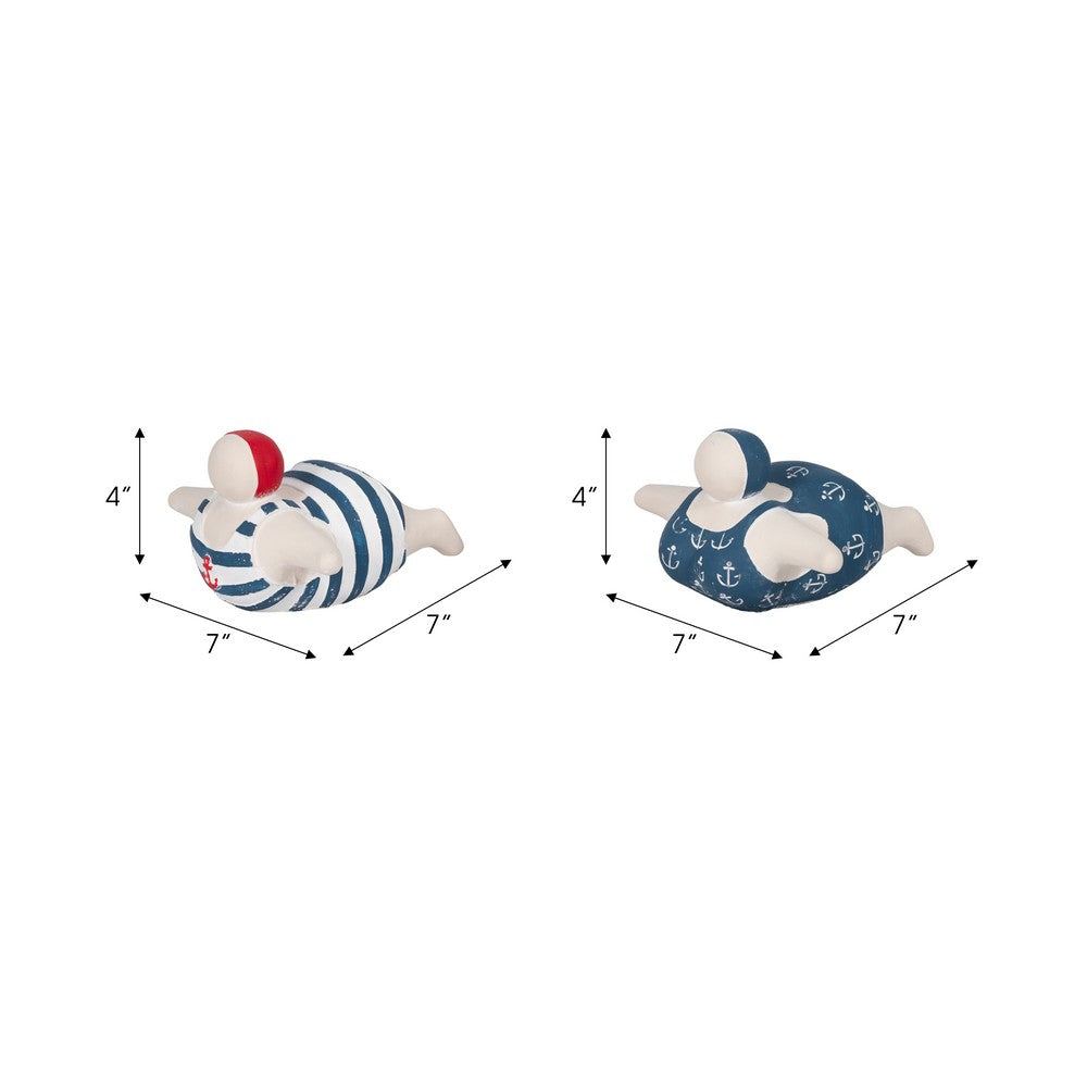 Vintage Swimmers Sculptures Set of 2 | Nautical White Blue Cement | 7"