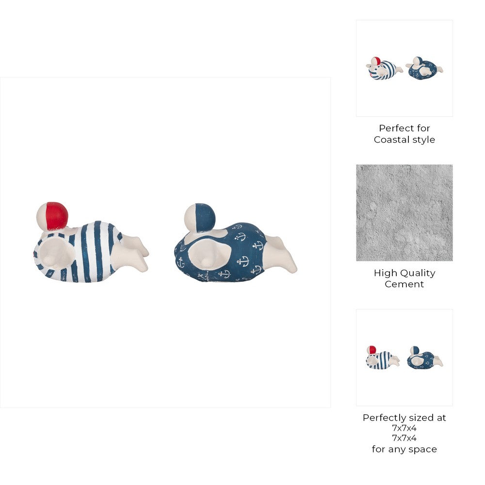 Vintage Swimmers Sculptures Set of 2 | Nautical White Blue Cement | 7"