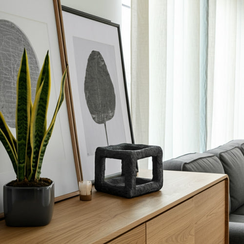 Modern Geometric Open Square Sculpture | 6" Black Textured Cement