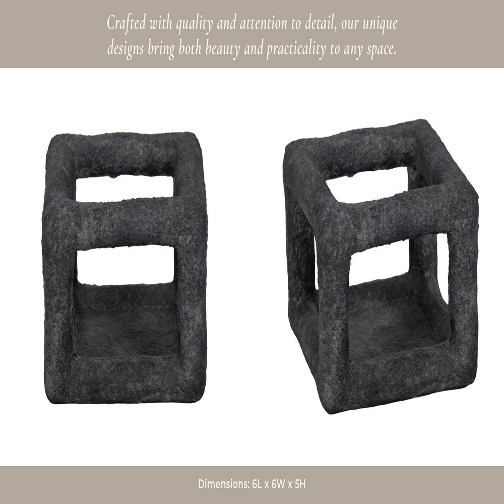 Modern Geometric Open Square Sculpture | 6" Black Textured Cement