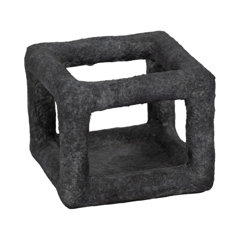 Modern Geometric Open Square Sculpture | 6" Black Textured Cement
