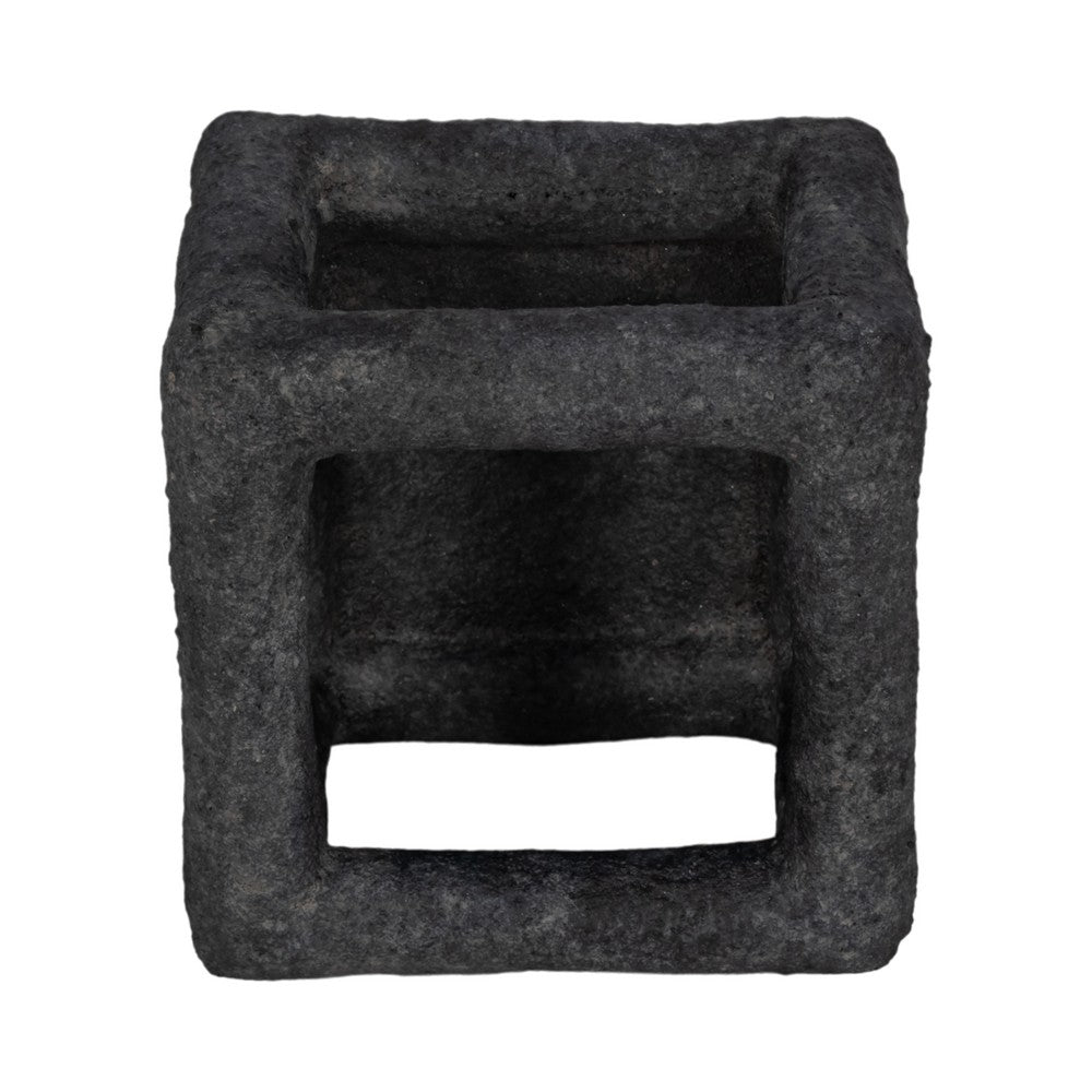 Modern Geometric Open Square Sculpture | 6" Black Textured Cement