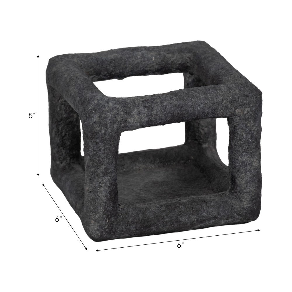 Modern Geometric Open Square Sculpture | 6" Black Textured Cement