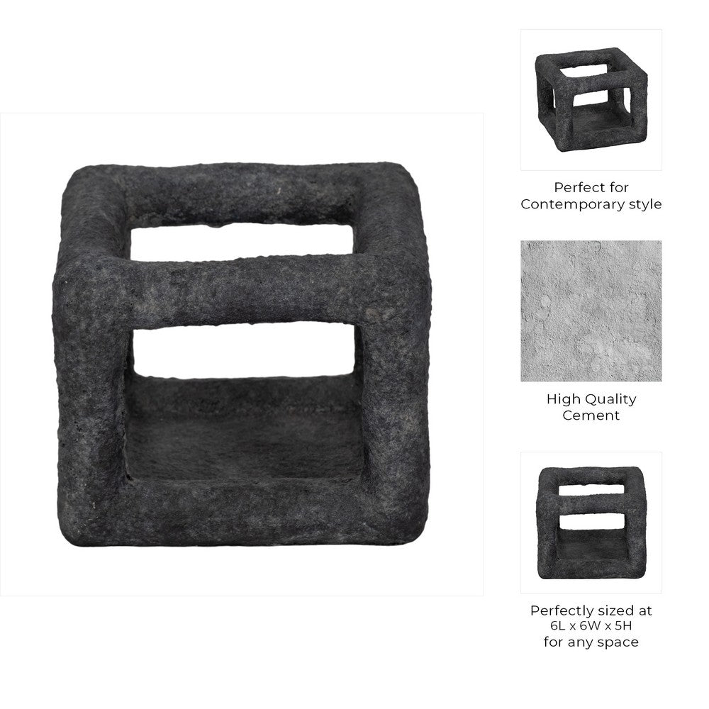 Modern Geometric Open Square Sculpture | 6" Black Textured Cement