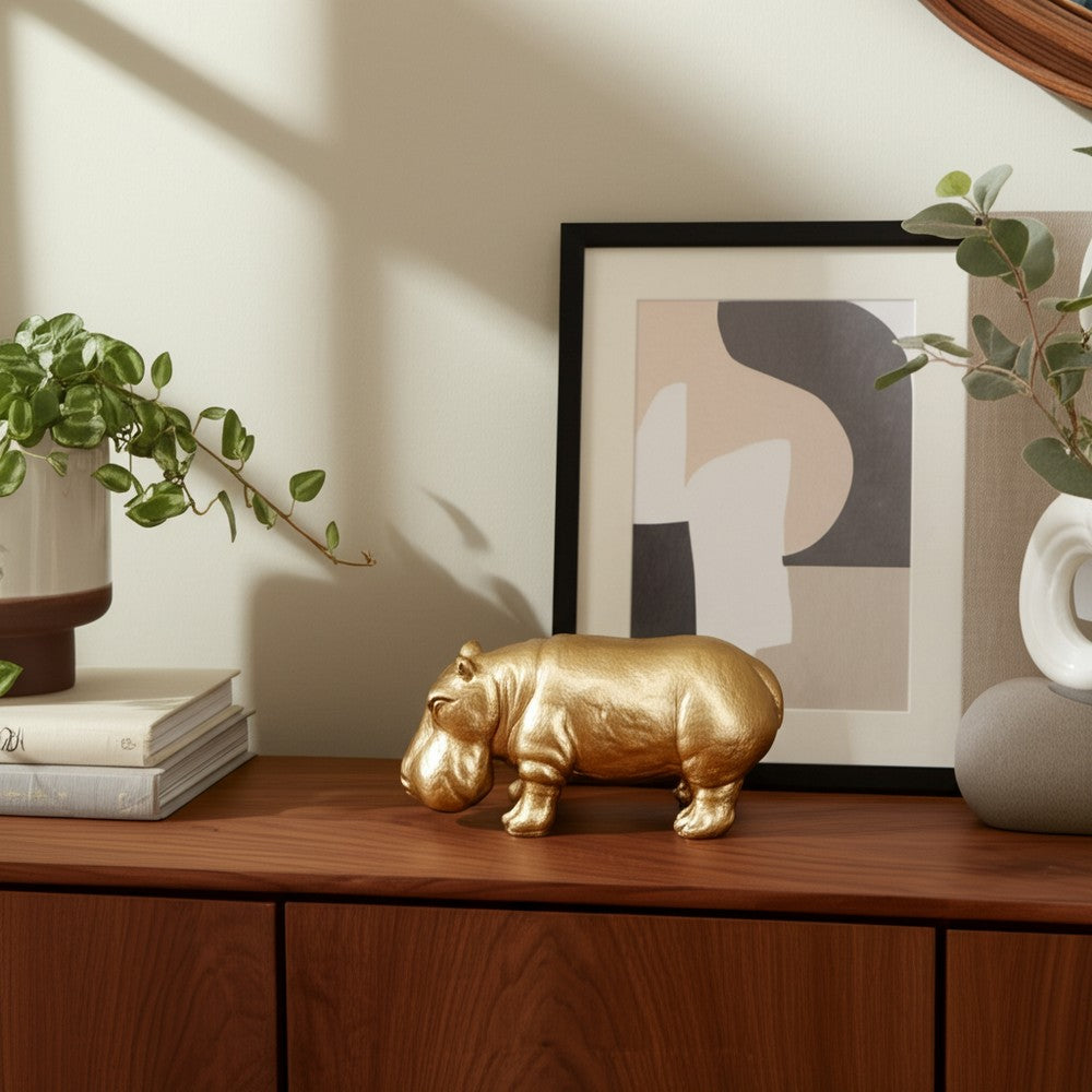 Decorative Hippo Accent Figurine | Metallic Gold Cement | Bohemian Style