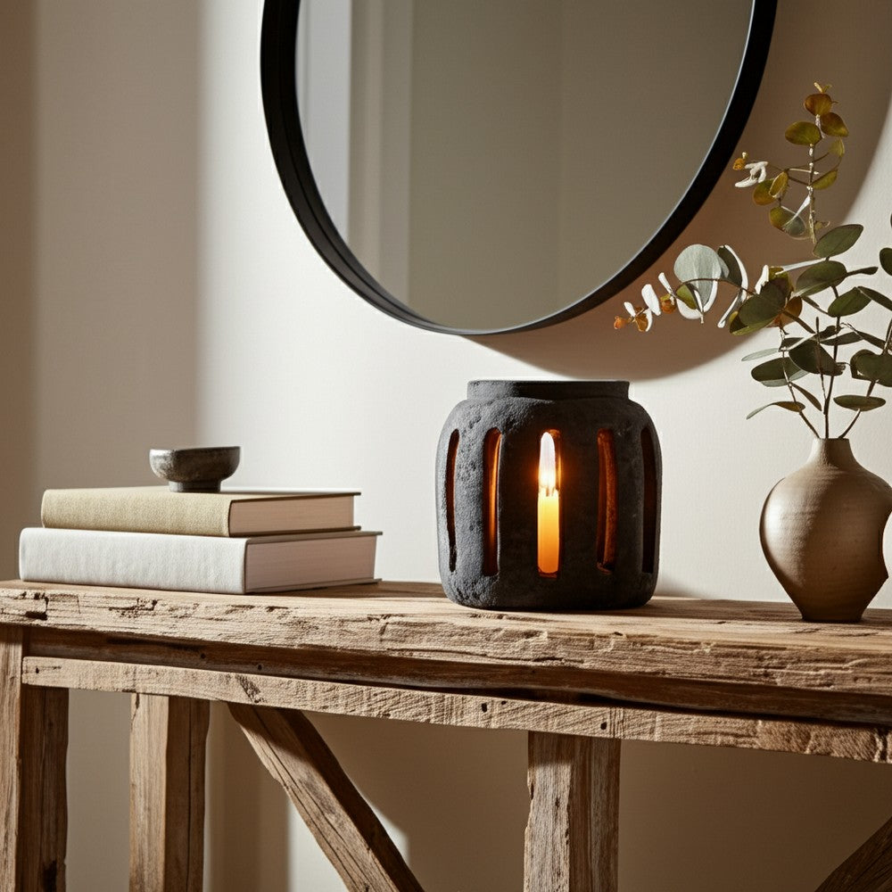 Decorative Round Hurricane Candle Lantern | Open Slats | Black Terracotta