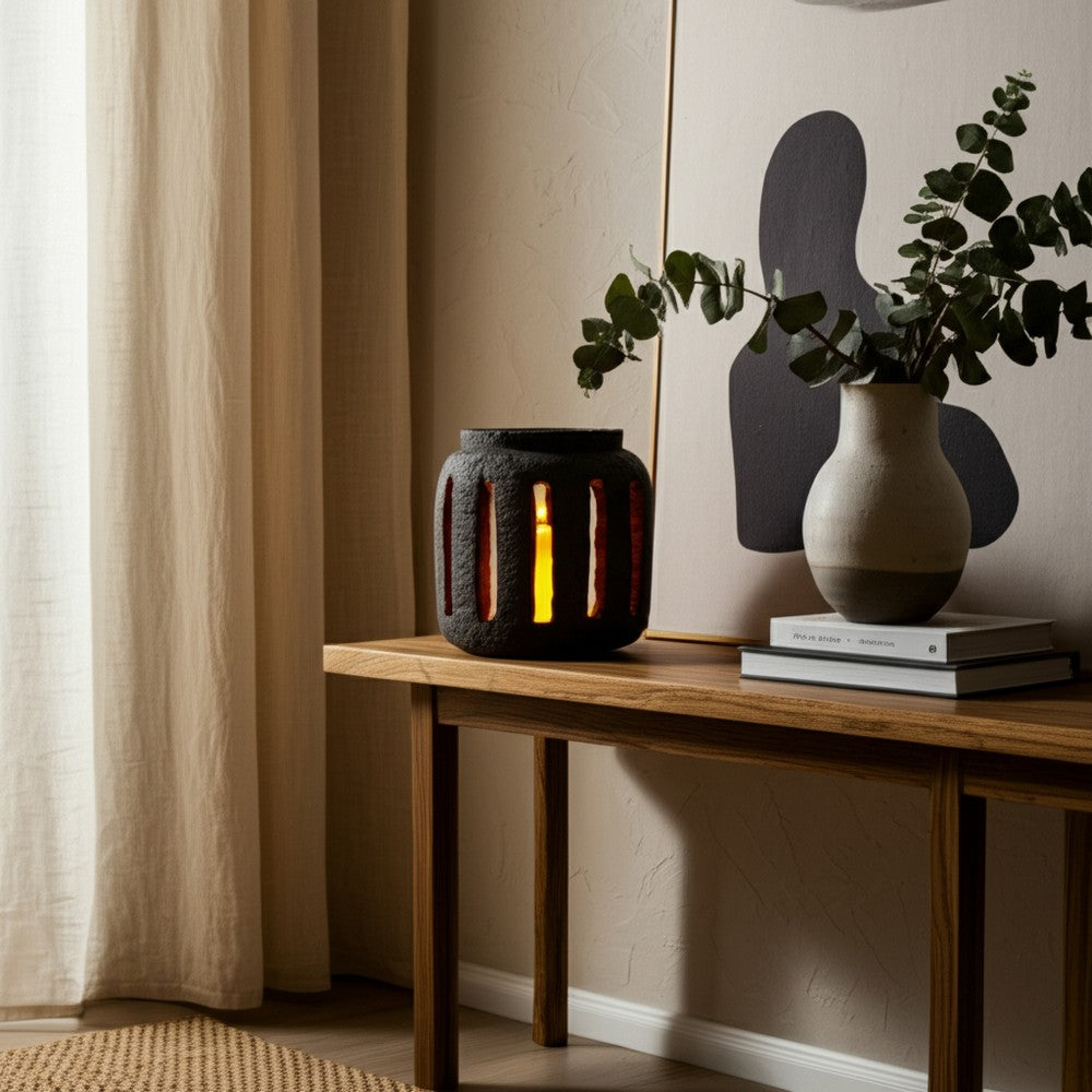 Decorative Round Hurricane Candle Lantern | Open Slats | Black Terracotta