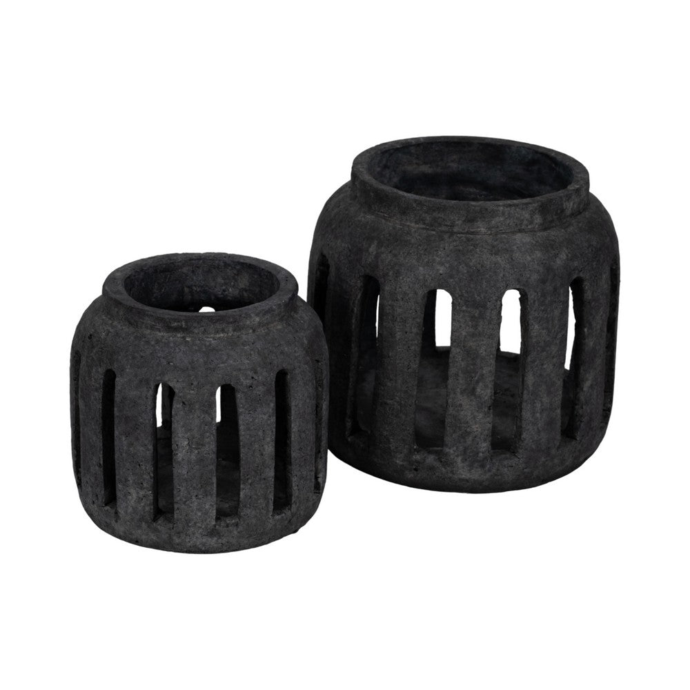 Round Hurricane Lantern with Open Slat Design | 10" Black Terracotta