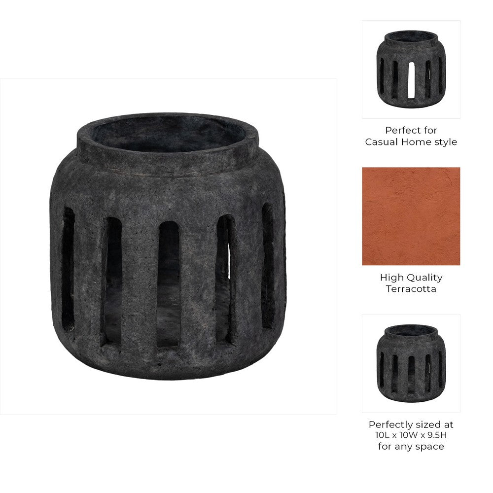 Round Hurricane Lantern with Open Slat Design | 10" Black Terracotta