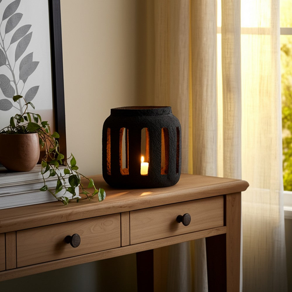 Round Hurricane Lantern with Open Slat Design | 10" Black Terracotta