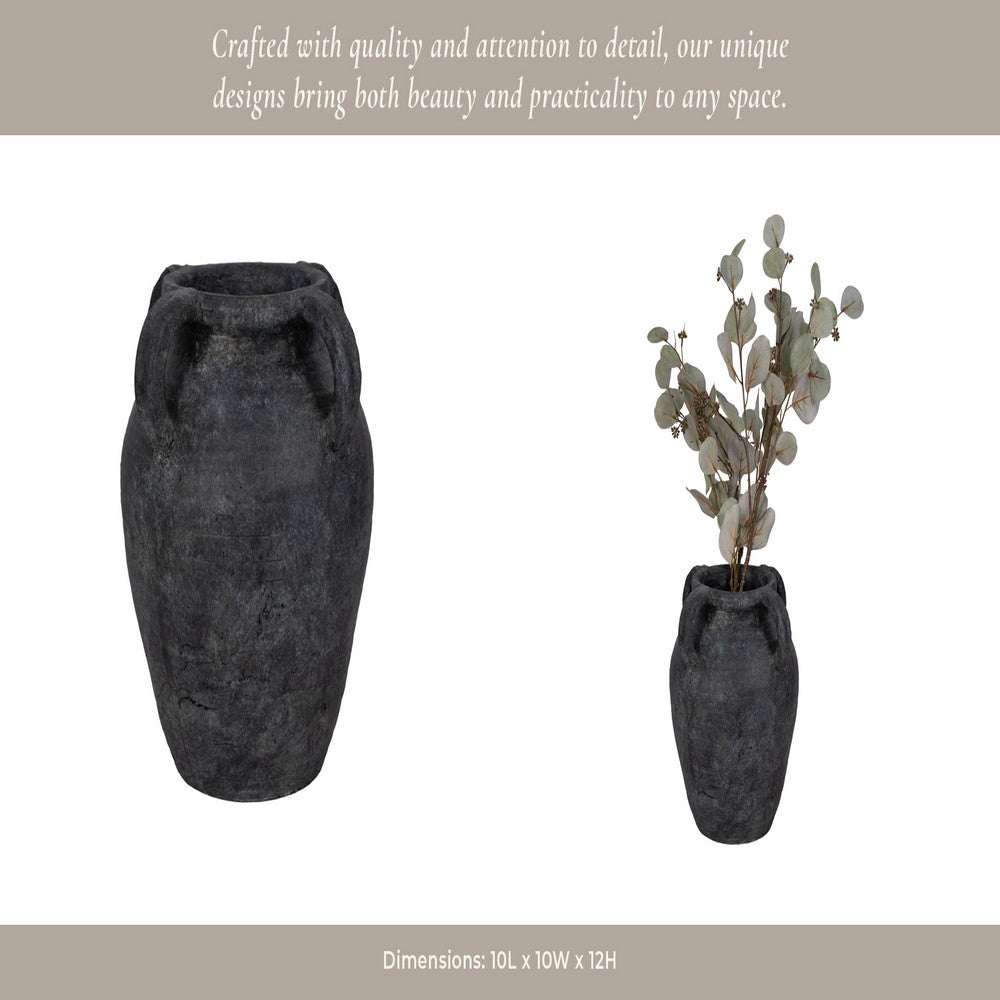 Old World Jug Flower Vase w Multiple Handles | 12" Black Terracotta