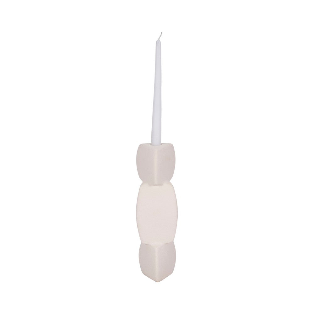 Stacked Geometric Taper Candle Holder | Gloss White Ceramic | 12"