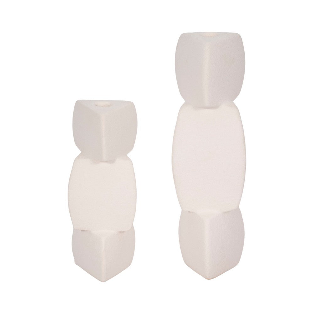 Stacked Geometric Taper Candle Holder | Gloss White Ceramic | 12"