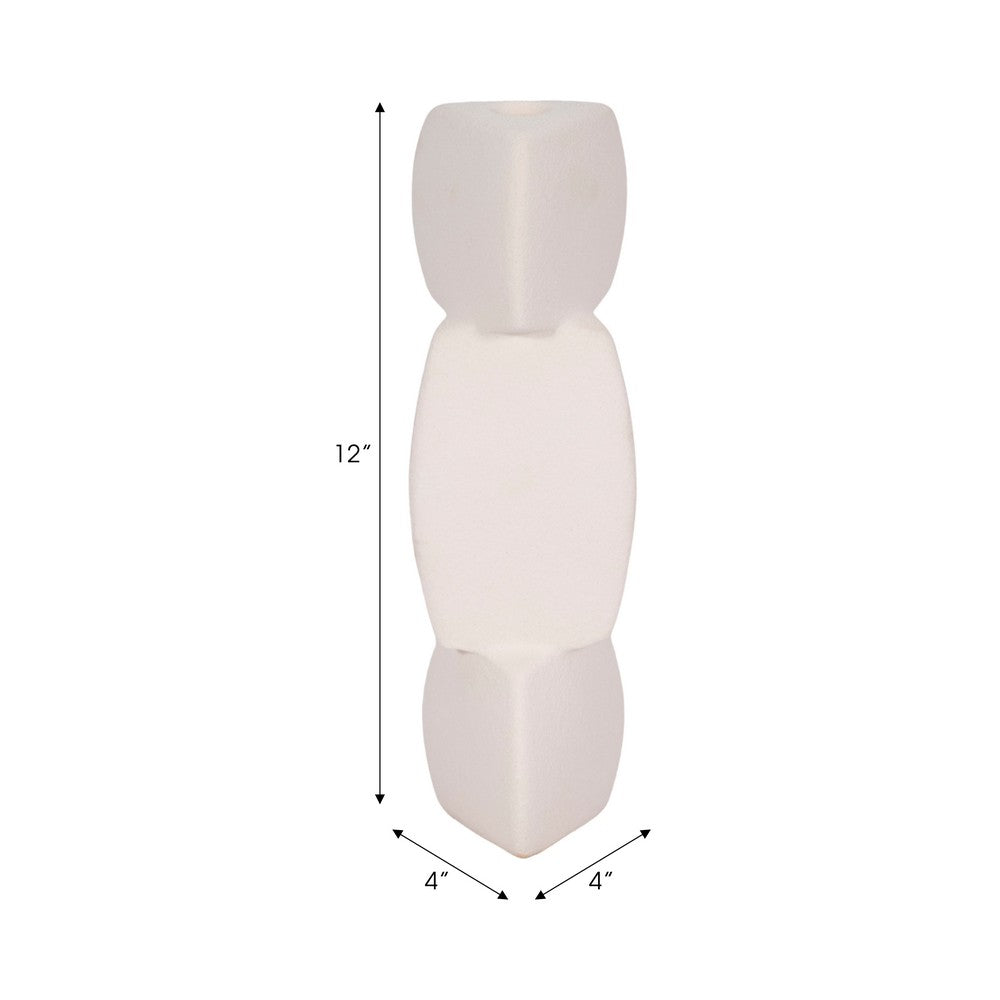 Stacked Geometric Taper Candle Holder | Gloss White Ceramic | 12"