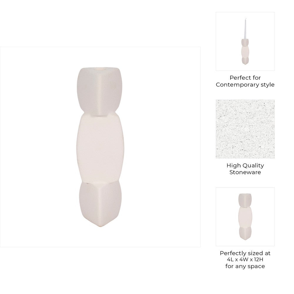 Stacked Geometric Taper Candle Holder | Gloss White Ceramic | 12"