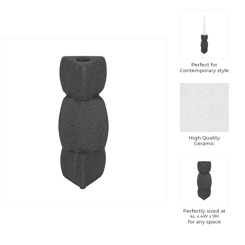 Contemporary Stacked Taper Candle Holder | 9" Black Ceramic Finish